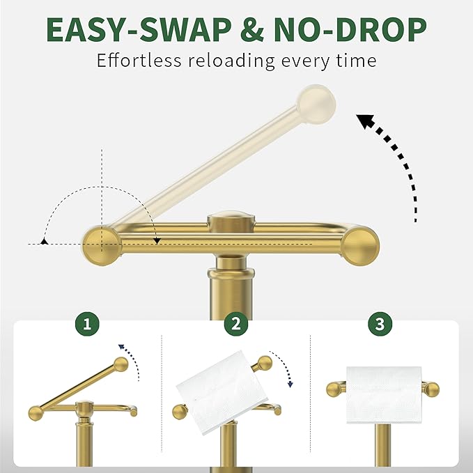 Toilet Paper Holder Stand,Free Standing Toilet Paper Holder,Modern Post Pivoting Toilet Paper Stand with Stable Weighted Base,SUS304 Stainless Steel Tissue Roll Holder Stand for Bathroom,Brushed Gold