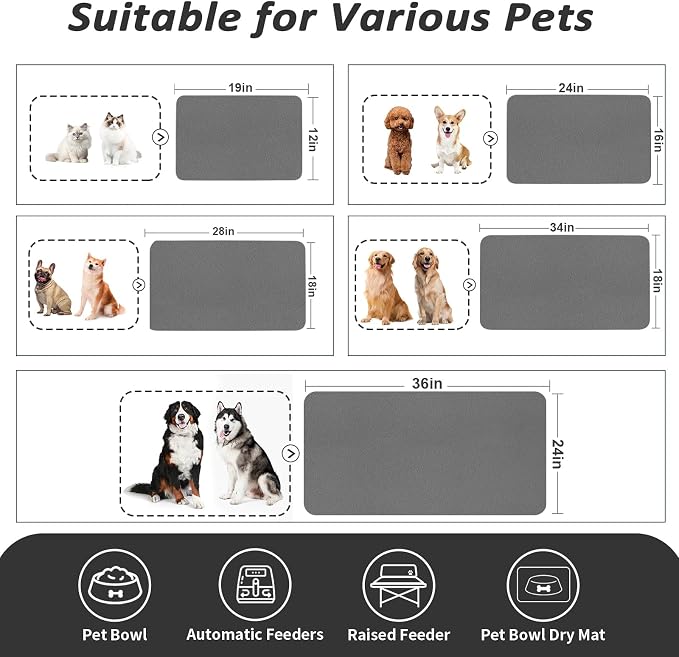 HotLive Dog Food Mat - Absorbent Cat Mat for Food and Water, No Stains Pet Feeding Bowl Mat, Easy to Clean Pet Placemats, Quick Dry Dog Water Dispenser Mat for Messy Drinkers | Dark Grey 12"x 19"
