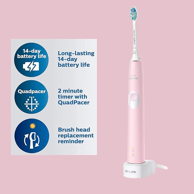 Philips Sonicare ProtectiveClean 4100 Electric Rechargeable Toothbrush, Plaque Control, Pastel Pink, Phi0304, 1.0 Count