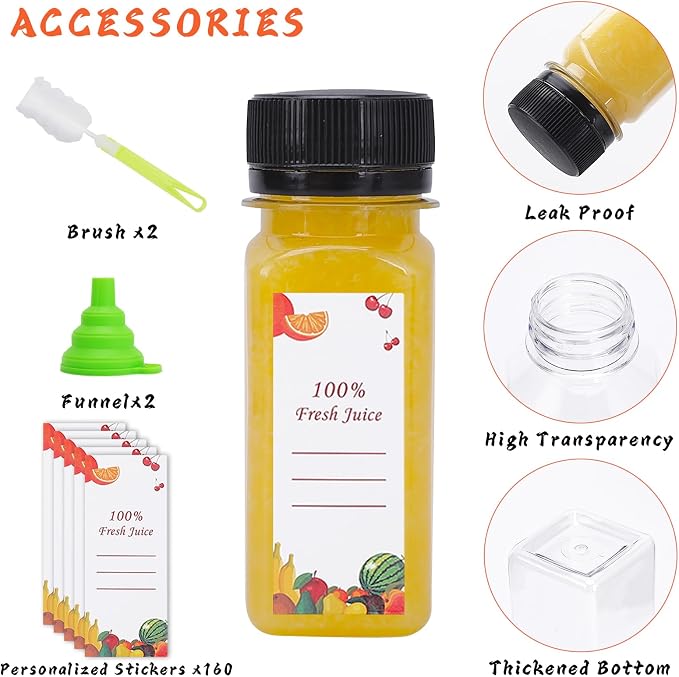 OBKJJ Plastic Juice Bottles 150 pcs 2 oz Empty Plastic Water Bottles with Caps Reusable Clear Beverage Containers for Drinking, Juicing, Smoothie, Water with 2 Brushes, 2 Funnels, 160 Stickers