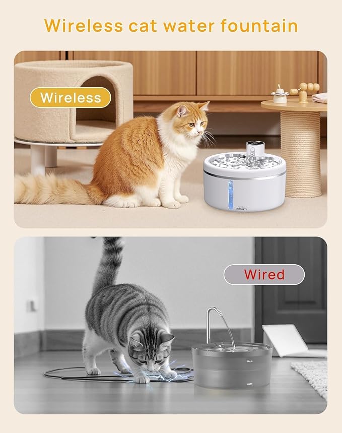 Wireless Cat Water Fountain [with Stainless Steel Tray], 84oz/2.5L Pet Fountain for Cats Inside, Cat Fountain for Drinking