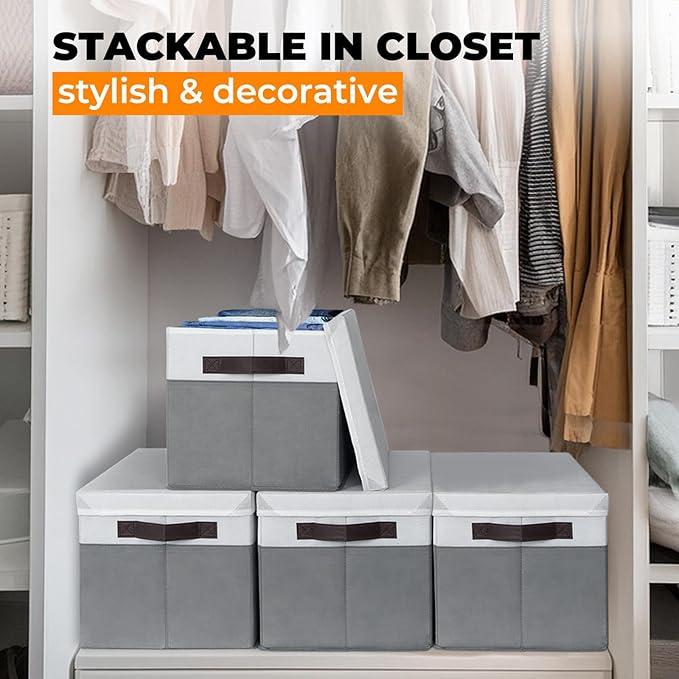 Large Closet Storage Baskets Bins with Lids 4 Pack, Storage Baskets for Organizing Shelves Nursery Bedroom, Home Dorm Closet Organizers Cubes for Clothes Toys Blanket Book - Stackable -14x10x9.5