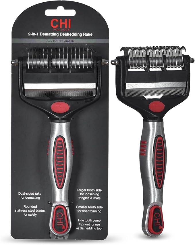 CHI for Dogs 2 in 1 Dematting and Deshedding Rake, Dual Head Dog Grooming Tool with Wide Tooth Dematting Rake and Fine Deshedding Rake, Detangler Comb for Thick Double and Long Dog Coat