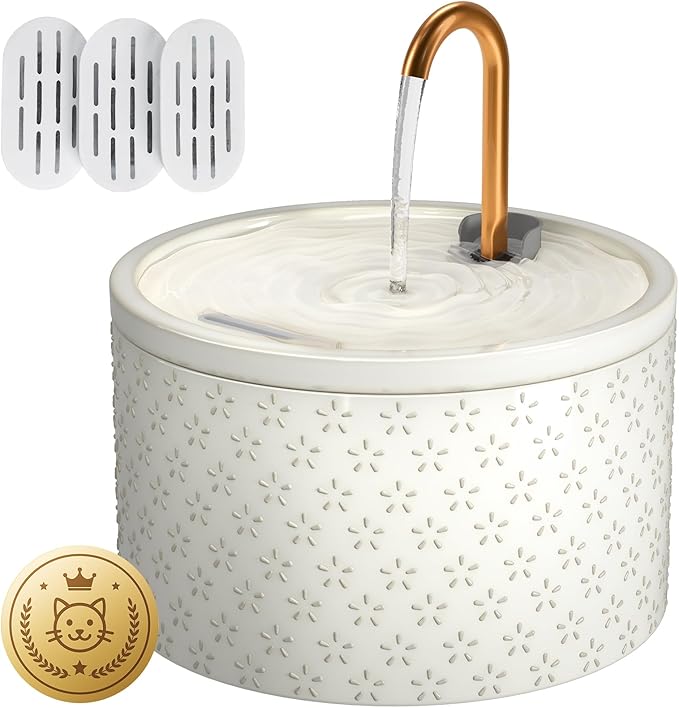DOOOB Ceramic Cat Water Fountain, 2.1L/71oz Cat Fountain, Automatic Ceramic Water Fountain for Cats, Pet Water Fountain with Ultra-Quiet Pump and 3 Filters & 3 Sponges (Firework Embossed)