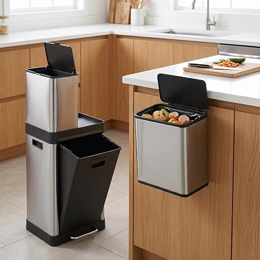 HOLDN’ STORAGE 32L Triple-Compartment Trash & Recycling Bin for Kitchen, 2 Removable Hook-On Bins, Multi-Access Opening, Odor Control, Stainless Steel, 3 Trash Bag Rolls Included