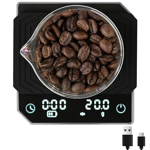Espresso Scale with Timer - MUVNA Mini Coffee Scale 0.1g Precision Rechargeable, Metal Body Portable Digital Scale for Pour Over/Espresso with Flow Rate Display, Automatic Timing, Black
