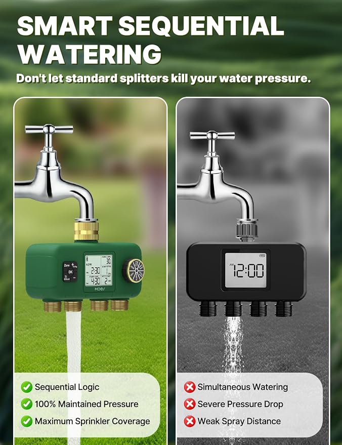 MOES 4 Zone Water Timer for Garden Hose, 1 in Inlet with 3/4 in Adapter, Brass Outlets, Battery Operated Sprinkler Timer, 4 Way Faucet Valve, Sequential Watering, Rain Delay, Non-WiFi