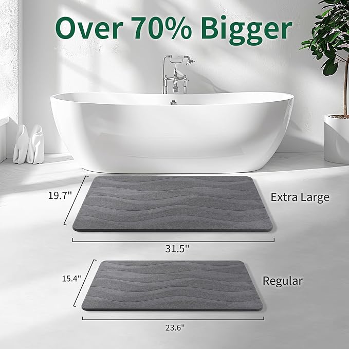 XMarrat Large Stone Bath Mat, 31.5'' x 19.7'' Super Absorbent Diatomaceous Earth Bath Mat Large, Quick Drying Non-Slip Diatomite Stone Bath Mats for Bathroom, Easy to Clean (Dark Gray)