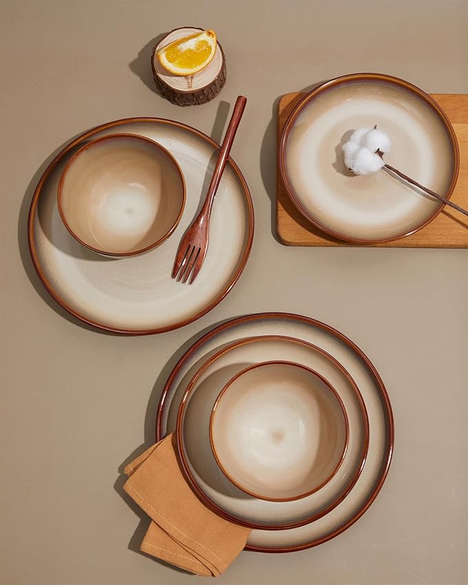 Pokini Ceramic Dinnerware Sets for 6, 18 Pieces Stoneware Plates and Bowls Sets, Chip and Crack Resistant Dishes, Dishwasher & Microwave Safe Dishware Sets, Brown Yellow