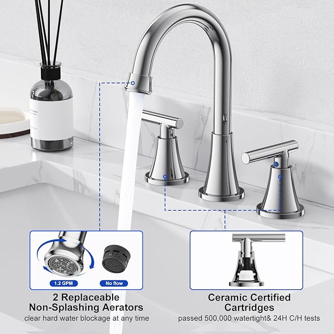Bathroom Faucets for Sink 3 Hole, Hurran Chrome Bathroom Sink Faucet with Pop-up Drain and Supply Lines, Stainless Steel Lead-Free Widespread Faucet for Vanity RV Farmhouse, 2 Pack