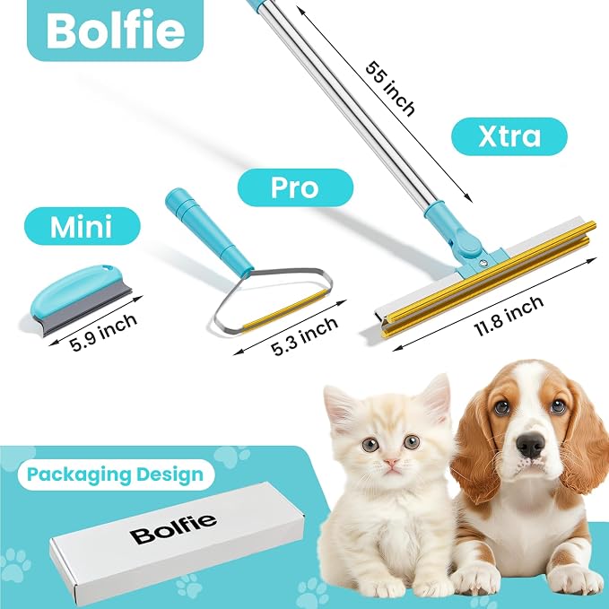 3 in 1 Carpet Rake for Pet Hair Removal, Tool Set of 3, Blue | 55" Long Handle, Carpet Scraper, Dog Cat Hair Remover, For Sofa, Couch, Car, Rug
