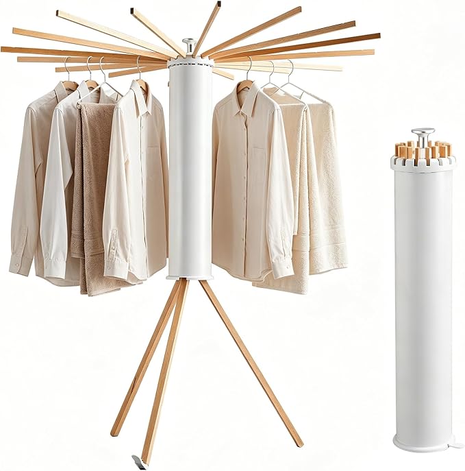 Clothes Drying Rack Wooden Tripod, Floor‑Mounted Garment Rack, Portable Foldable Space‑Saving Laundry Dryer with 16 Drying Poles, Ideal for Small Apartments, Balconies and Bedrooms
