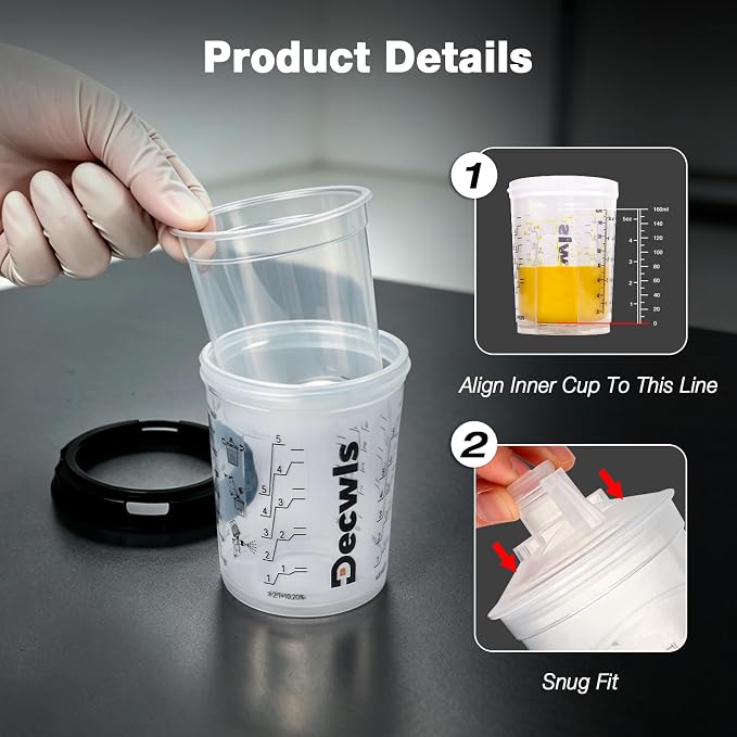 Disposable Paint Cups 6 Ounce Kit - 50 Pack Liners & 125-Micron Lids | 2 Adapters, 2 Paint Gun Cups with Retainer Ring, 20 Plugs, 1 Paint Stirrer, 1 PTFE Tape for Hvlp/Lvlp Spray Gun