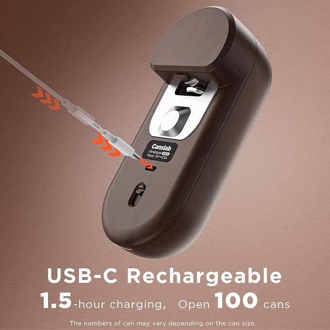 Canslab Turbo Rechargeable Electric Can Opener, LED Battery Life Display | Smart Auto Stop Can Opener for Seniors, Safe Touchable Smooth Edge, One Touch Hands-free, Wall-mountable, Walnut Wood Pattern