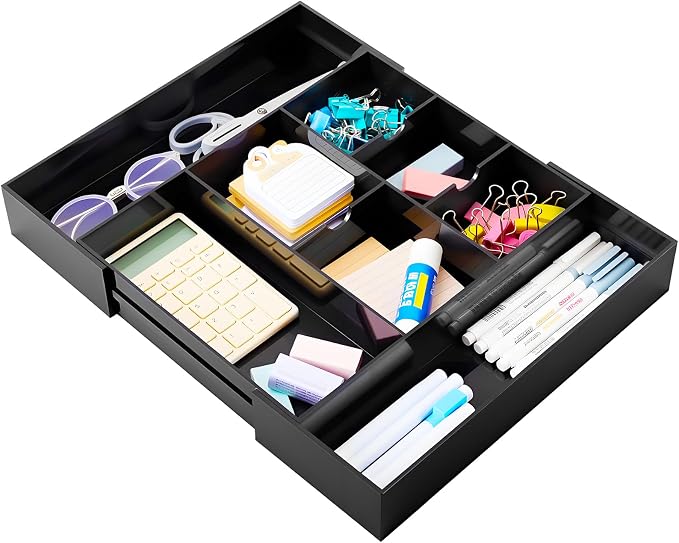 Briwooody 1 Pcs Acrylic Vanity Organizer 9'' up to 18'' x 12'' x 2.1'' Expandable Makeup Organizer Trays with 8 Adjustable Compartments Black Desk Accessories for Beauty, Kitchen, Office, Bathroom