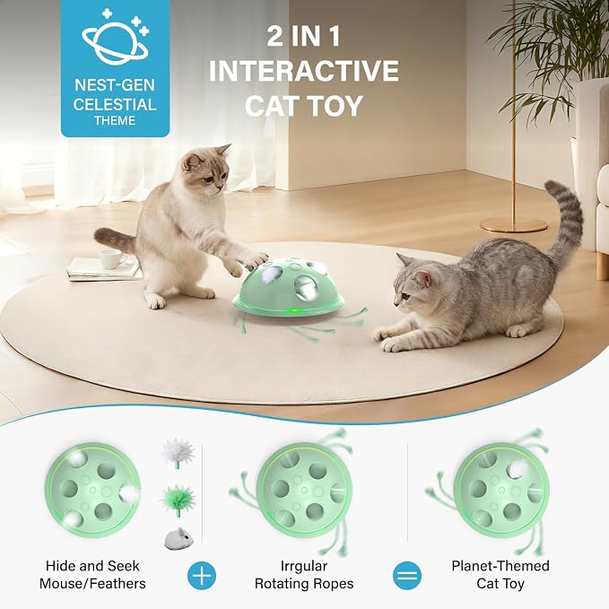 Pawingcat Automatic Cat String Toy 6 Holes Whack a Mole Cat Toy with Plush Running Cat Mouse Toy Hide and Seek Interactive Cat Toys for Indoor Cats（Green）