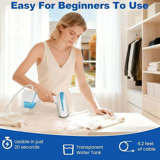 DBC Travel Steamer for Clothes 1500W, 250ml Water Tank,20S Fast Heat-up Portable Handheld Steamer for Clothes, 2 in 1 Fabric Wrinkle Remover with Fabric Brush,Ideal for Home, Office, Travel