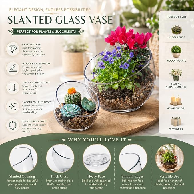 Slant Cut Bowl Glass, Glass Fish Bowl Vase, 6" Height x 7" Width Fruit Jar, Candy Dish, Clear Terraium, Flower Centerpiece