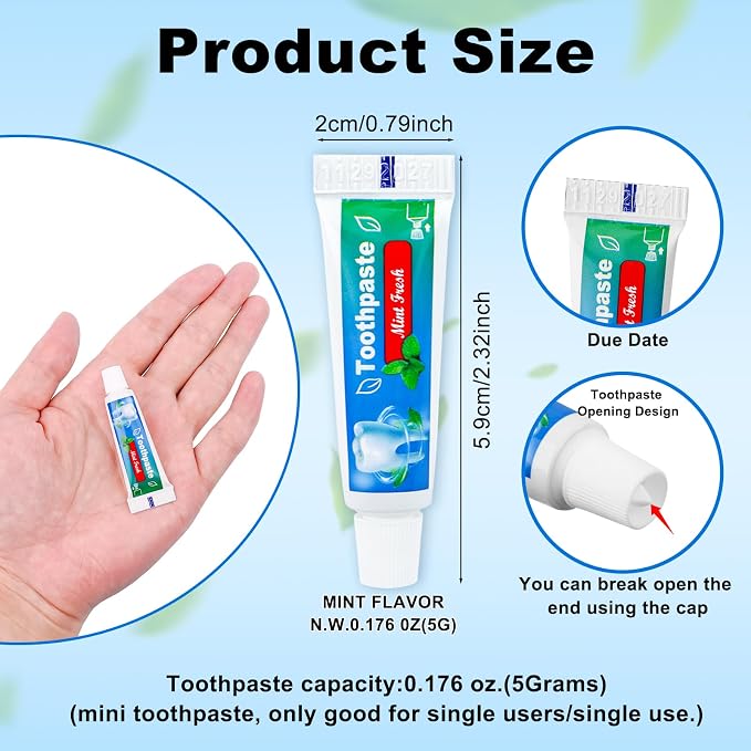 0.176 oz Bulk Travel Size Toothpaste,100 Tubes 5g Extra Small | Toothpastes Travel Size Bulk Mint Flavor Mini Disposable Toothpaste for Hotel,Guests,Homeless,School(Too Small,Single Use)