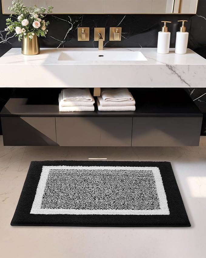 Color&Geometry Simple and Stylish Small Bath Mats for Bathroom Non Slip, 16"x24" Black and White Bathroom Rugs, Absorbent, Soft, Washable, Microfiber Bathmat Shower Mat Outside Shower