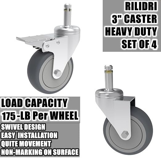 RILIDRI 3-Inch Swivel Stem Caster, 7/16-Inch Stem Diameter Rubber Wheel, Heavy Duty TPR Replacement Wheels for Rubbermaid Mop Bucket Cart Grill Casters - 4 Pack (2 Brakes 2 Swivel)