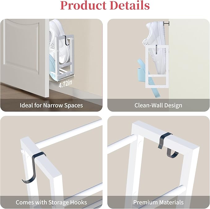 4 Pack Wall Mounted Shoe Rack for Narrow Spaces, Hanging Shoe Rack Holds 32 Pairs, 17"-30"Adjustable Heavy Duty Wall Shoe Storage with 8 Storage Hooks, Space Saving for Closet Entryway Door, White