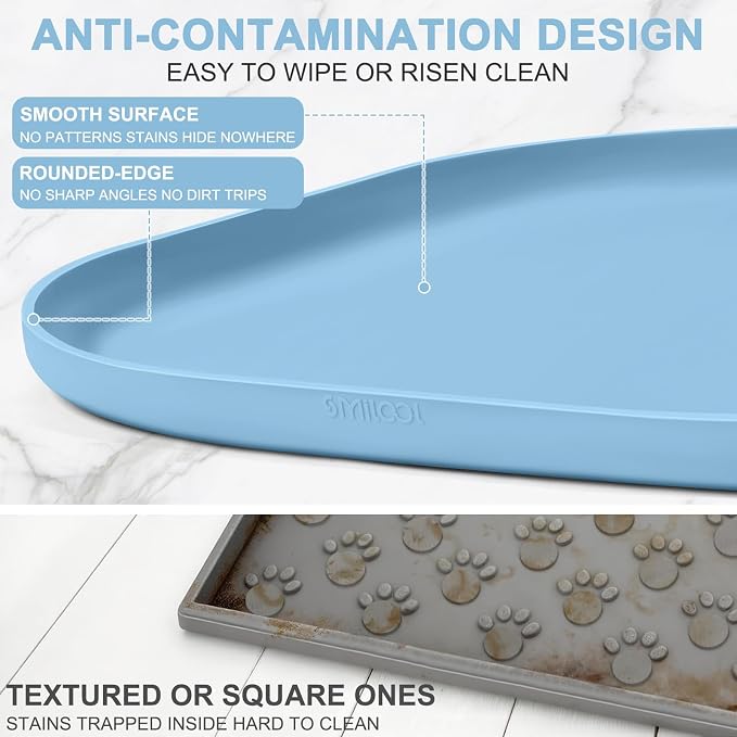 SMILOOL Waterproof Silicone Pet Food Mat with Raised Edge for Dog & Cat | 22" x 14" Non-Slip Pet Feeding Mats with Lip for Food & Water Bowl, Food Grade, Easy Cleaning, Light Blue