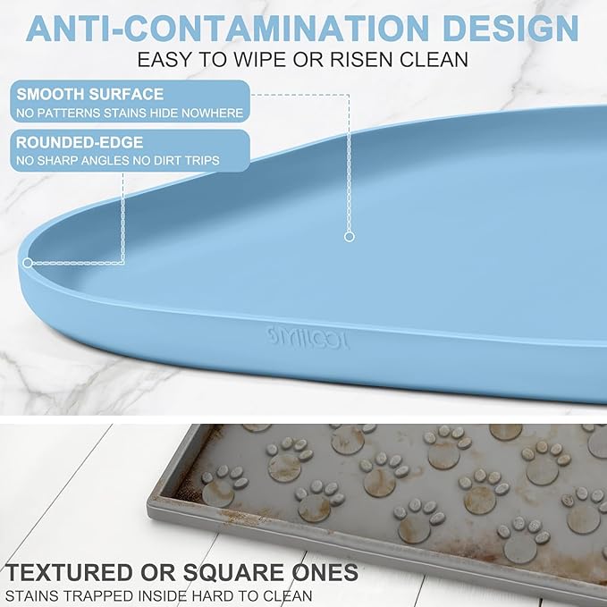 SMILOOL Waterproof Silicone Pet Food Mat with Raised Edge for Dog & Cat | 19" x 12" Non-Slip Pet Feeding Mats with Lip for Food & Water Bowl, Food Grade, Easy Cleaning, Light Blue