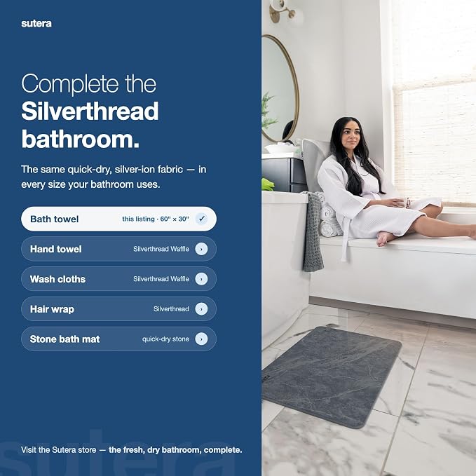 SUTERA Silverthread Bath Towel | Antimicrobial Towel with Silver Ion Technology | Waffle Weave Design, Plush, Lightweight, and Quick-Drying for Everyday or Spa Use | 31" x 57" (White) | Silver Ion technology keeps towels fresh. California-grown Pima co...