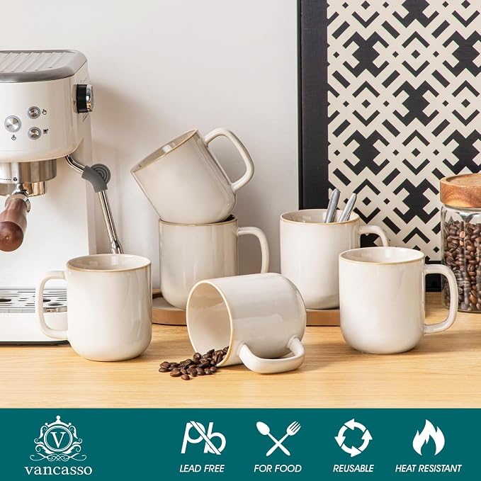 vancasso 16 oz Coffee Mugs Set of 6, Large Ceramic Mug with Handle, Unique Glaze Coffee Cups for Latte, Cappuccino & Hot Cocoa, Dishwasher & Microwave Safe, Beige, Series PLAYA