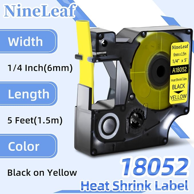 Compatible for DYMO Heat Shrink Tube 18052 1/4" Black on Yellow, 10-Pack | Nineleaf 6mm Yellow Heat Shrink Label Compatible for DYMO Label Maker use in Refills Wire for Rhino 3000 4200 5000 5200 6000