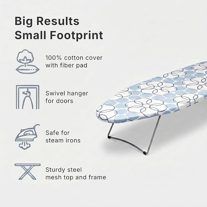 Household Essentials 122101 Small Tabletop Ironing Board with Folding Legs - Magic Rings Cover and Pad,Blue Rings