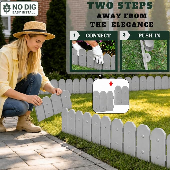 Garden Border Edging: Wooden Grain Fence Dog Ear Design - Landscaping Fence Liner Lawn Edge Barrier - Decorative Lawn Landscape Panels Elements -Landscaping Edging (Gray, 10ft.)