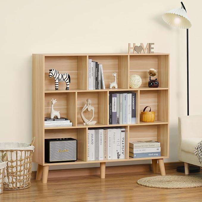 LEYAOYAO 10 Cube Bookshelf, Mid-Century Modern Book Shelf with Legs,Natural | 3 Tier Bookcase, Rustic Wood Bookshelves Freestanding Large Storage Organizer, Open Shelves for Bedroom, Living Room, Office