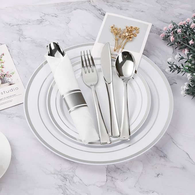 BESTVIP 175PCS Silver Plastic Dinnerware Set, Disposable Party Plates for 25 Guests, Include: 50 Plastic Plates, 25 Pre Rolled Napkins with Silver Silverware, 25 Cups for Christmas, Halloween