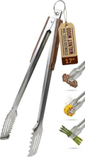 17-Inch Grill Tongs, Heavy Duty 304 Stainless Steel BBQ Tongs, Extra-Long Locking Grilling Tongs for Outdoor Grill & Smoker, Walnut Handle, Gift Pouch