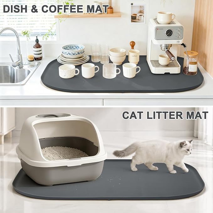 SMILOOL Waterproof Silicone Pet Food Mat with Raised Edge for Dog & Cat | 36" x 24" Non-Slip Large Pet Feeding Mats with Lip for Food & Water Bowl, Food Grade, Easy Cleaning, Dark Gray
