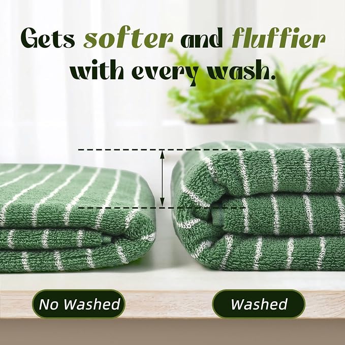 Bath Towels 2 Pack, Lighter & Quick Dry Towels Large 27.5 x 55 inches, | Luxury Terry Cotton Towels for Bathroom Beach Swim, Forest Green & White Striped