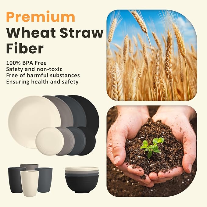 Homienly Wheat Straw Dinnerware Set - Dinner Plates, Cereal Bowls, Drinking Cups Set, Unbreakable 16 PCS Dish Set, Microwave and Dishwasher Safe Dishes for Home, Outdoor - Grey Stone
