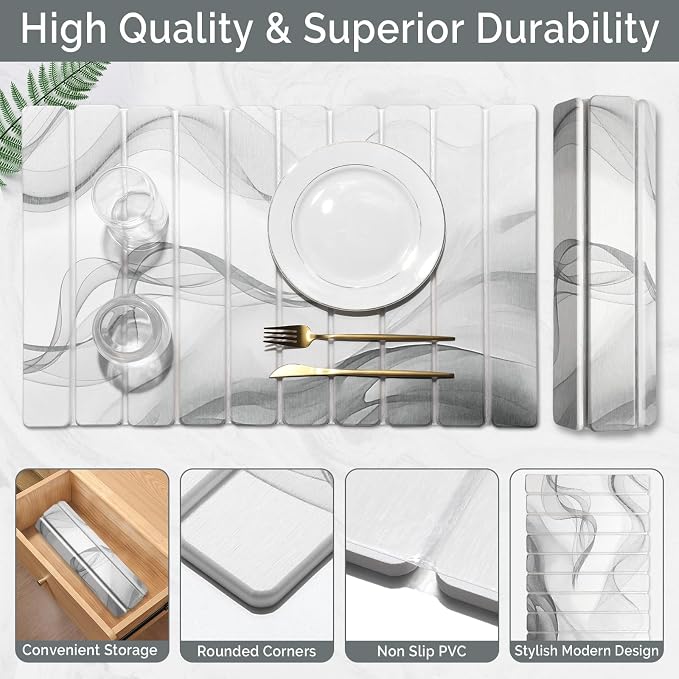 Large Stone Dish Drying Mat for Kitchen Counter, 2 PCS Quick Dry Stone Mats, Foldable Water Absorbing Diatomaceous Earth Drying Dishes Pad for Countertop Bottle Utensil Cup(Black White 24"×16"&8"x4")