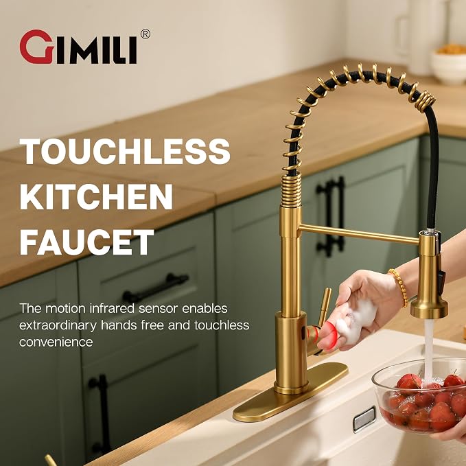 GIMILI Gold Touchless Kitchen Faucet with AC Adapter, Smart Motion Sensor Hands Free Single Handle Kitchen Sink Faucet with Pull Down Sprayer