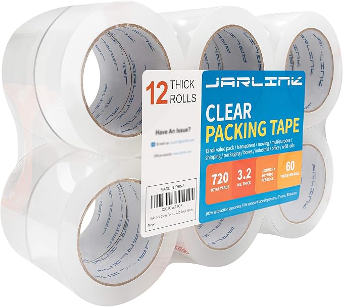 JARLINK 12 Rolls Clear Packing Tape, Heavy Duty Packaging Tape | Ultra Thick 3.2mil and 1.88" Wide. 60 Yards per Roll, 720 Total Yards. Moving Supplies for Shipping Packaging Sealing