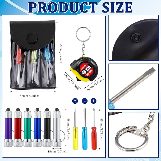 Jutom 180 Pcs Mini Tape Measure Keychain Screwdriver LED Light Keychain Bulk Men Adult Tool Party Gifts Prize for Man Father's Day Housewarming Gifts Adult Useful Tool Favors (Colorful)
