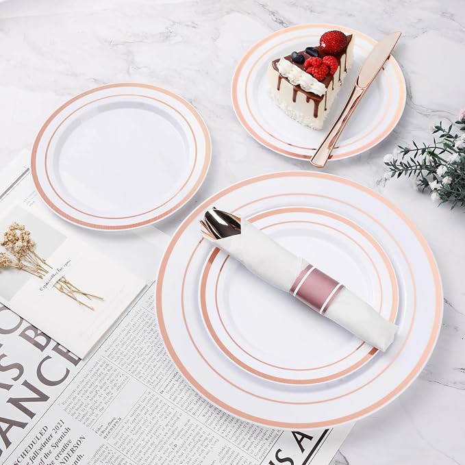 BESTVIP 700PCS Rose Gold Plastic Dinnerware Set, Disposable Party Plates for 100 Guests, Include: 200 Plastic Plates, 100 Pre Rolled Napkins with Rose Gold Silverware, 100 Cups for Christmas
