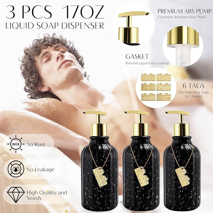 Bathroom Set, Black Bathroom Set Black and Gold Bathroom Accessories Set with Trash Can, 3PCS Soap Dispenser Bathroom Sets