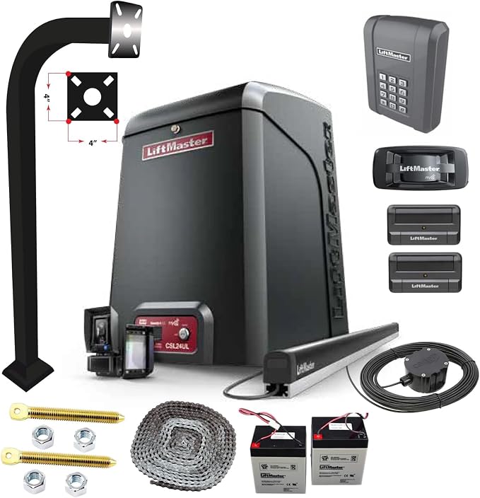 LiftMaster CSL24UL Commercial Slide Gate Operator – High-Traffic Gate Opener Kit with 811LM Remotes, KPW5 Keypad, myQ 828LM Gateway, LMRRUL Photo Eye, S505AL, LA Ornamental 42" Pedestal, CP4 Cartell