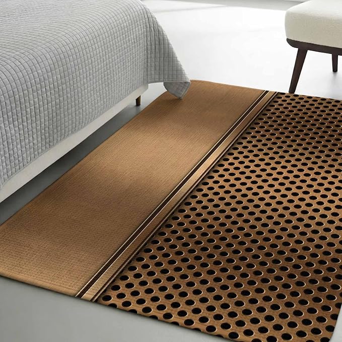 Extra Large Area Rug 63"x90.6", Brown Metal Hole Absorbent Non Slip Indoor Outdoor Carpet, Modern Copper Net Eye Hole Pattern Low Profile Floor Rug for Home Living Room Dining Room Bedroom Family Room