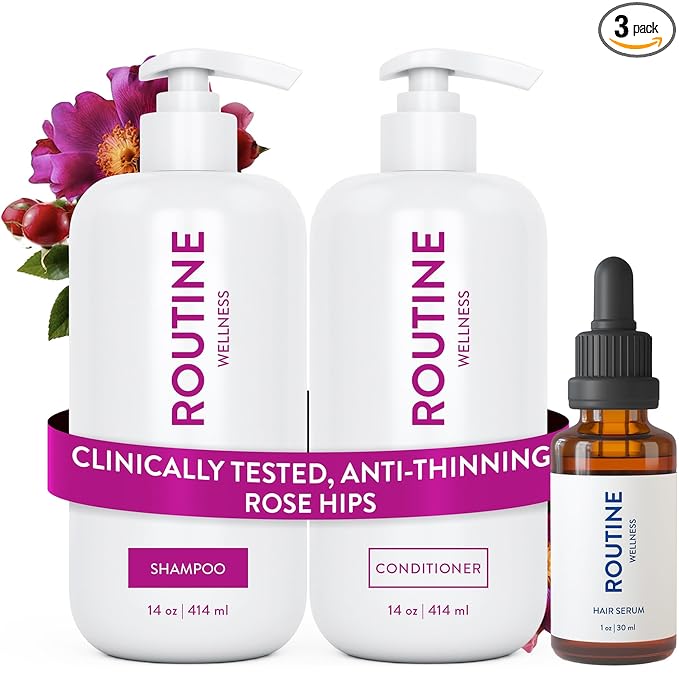 Routine Wellness Shampoo and Conditioner Set and Hair Serum for Thinning Hair - DHT Blocker Women & Men - Color Safe Shampoo for Hair Loss & Healthier Hair - Rose Hips Set + Hair Serum