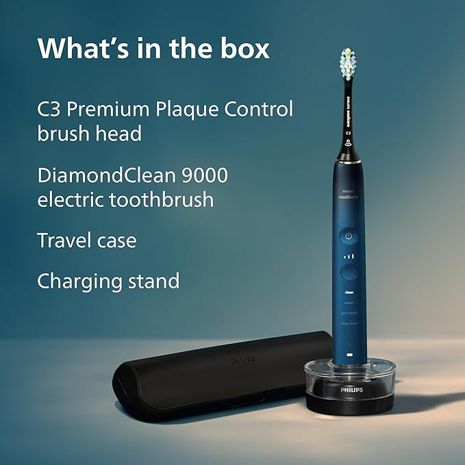 Philips Sonicare DiamondClean 9000 Electric Toothbrush - Sonic Toothbrush with App, Pressure Sensor, 12 Brushing Settings, Replacement Reminder, Charging Stand, Travel Case, Aquamarine, HX9911/92