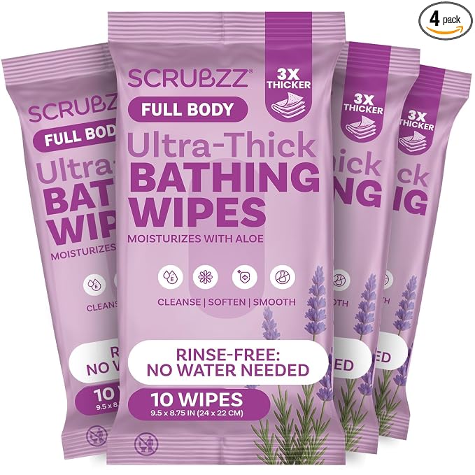 Extra Large Body Wipes for Adults Bathing No Rinse - 40 Ultra Thick Disposable Shower Wipes for Men, Women & Elderly - Great for Gym, Camping, Post Surgery - Lavender